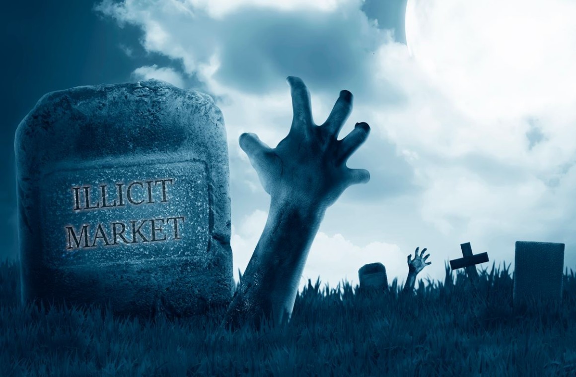 A hand reaching up through the ground in a graveyard next to tombstone that reads: "illicit market"