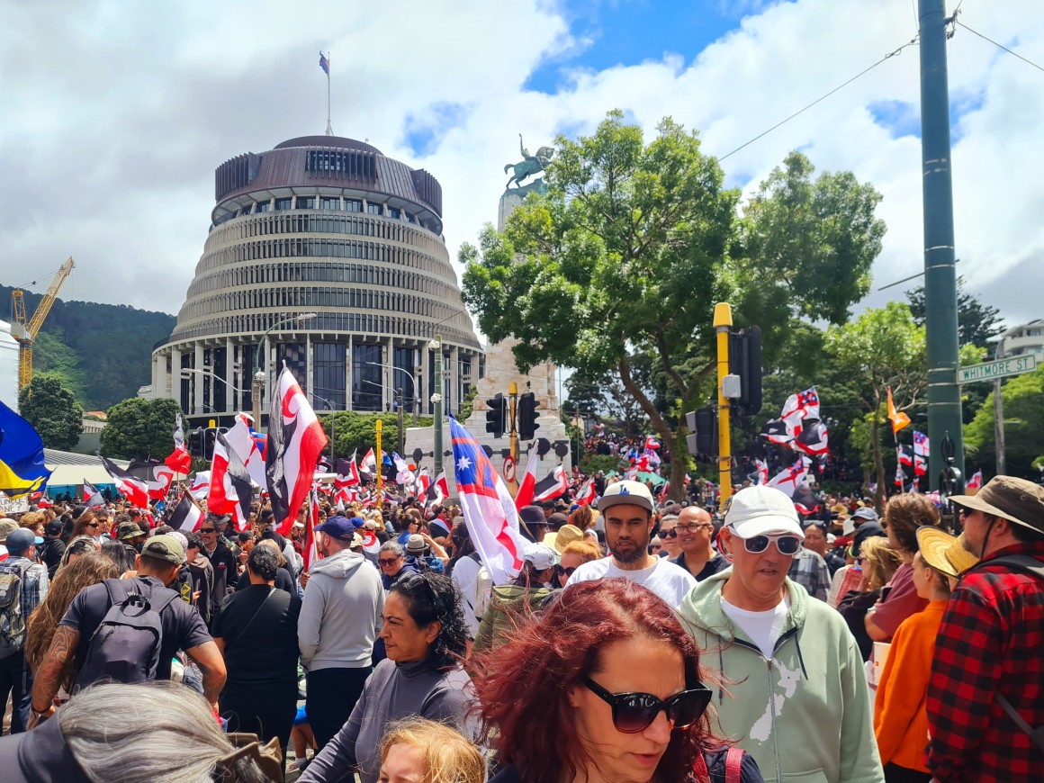 Te Tiriti hikoi outside the Beehive