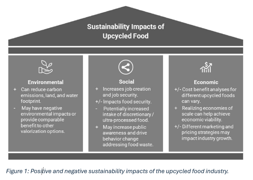 : Positive and negative sustainability impacts of the upcycled food industry. Three columns