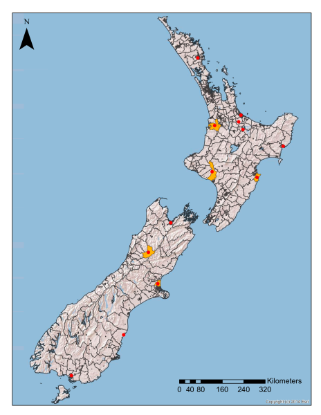 Map of New Zealand showing clusters of crypto as red dots